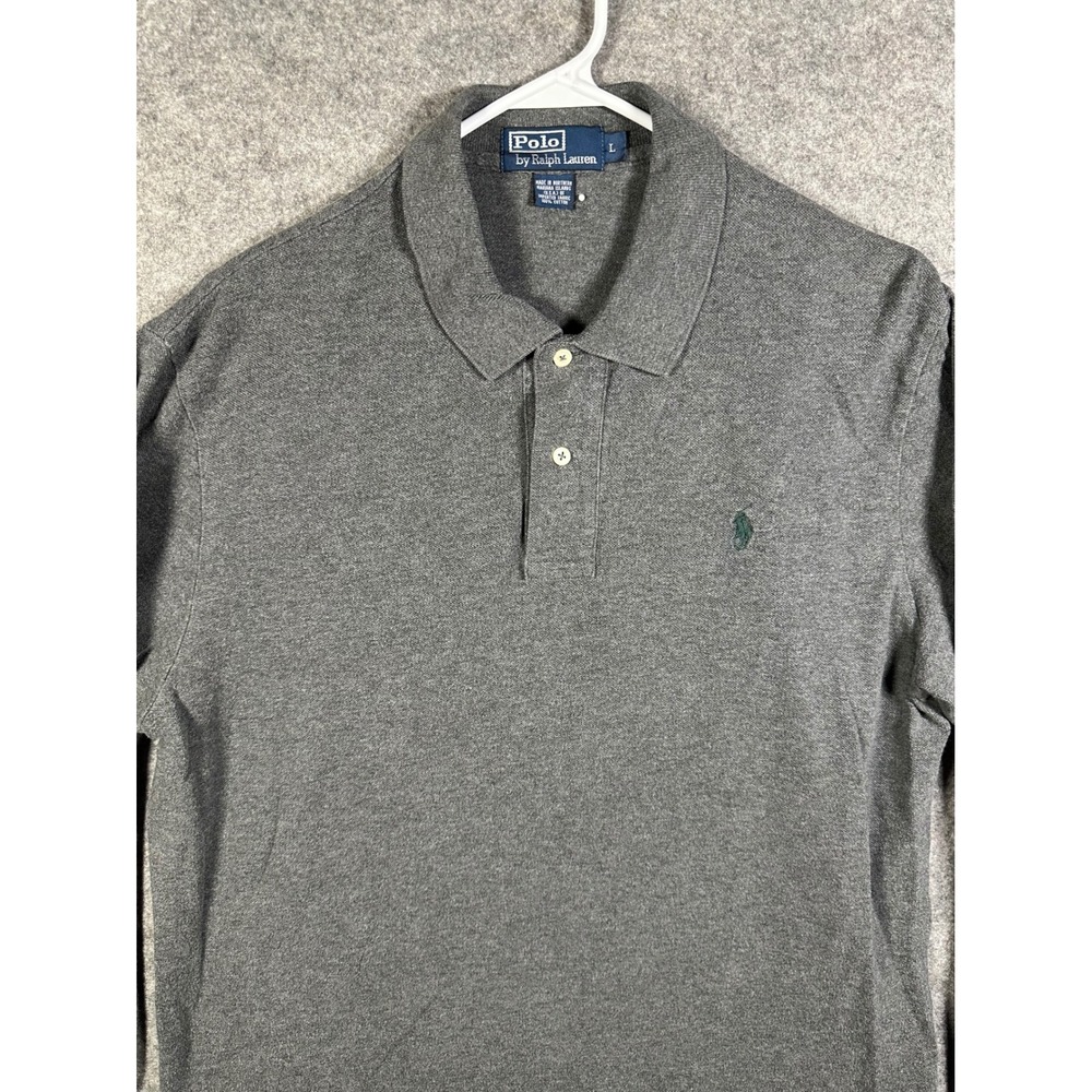 Polo Ralph Lauren Mens Large Long Sleeve Polo Shirt‎ Gray Cotton Green Pony Logo